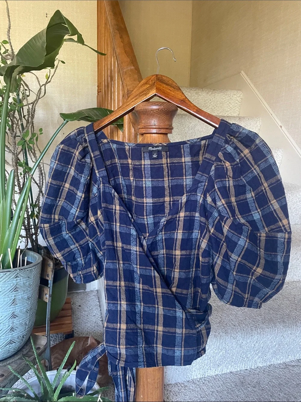 Madewell Navy and Tan Plaid Wrap Blouse with Puff Sleeves